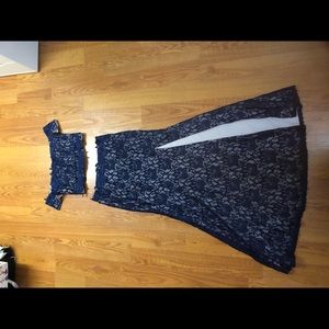 Navy Lace Two Piece Prom Dress